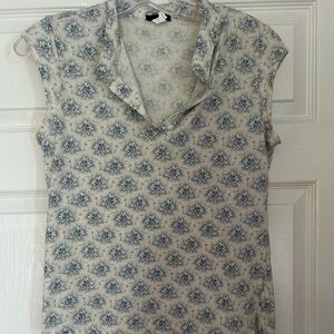 J Crew Light Blue Floral Top Size L 100% Cotton Knit